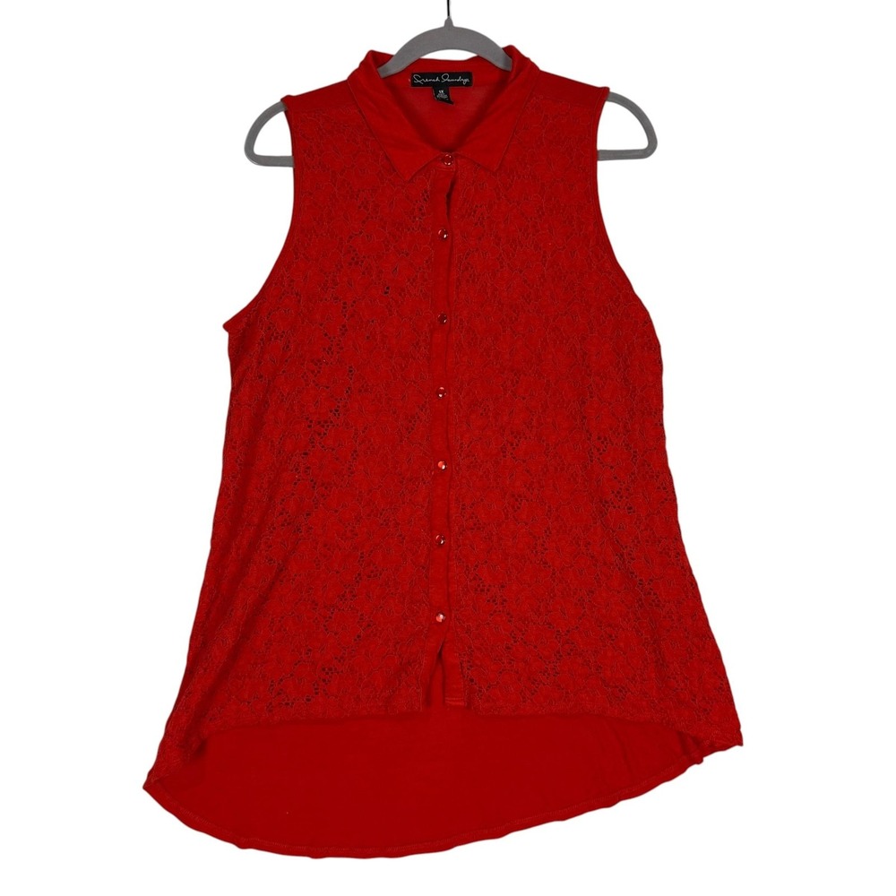 French Laundry Blouse Womens 1X Red Lace Button Front Sleeveless Tunic